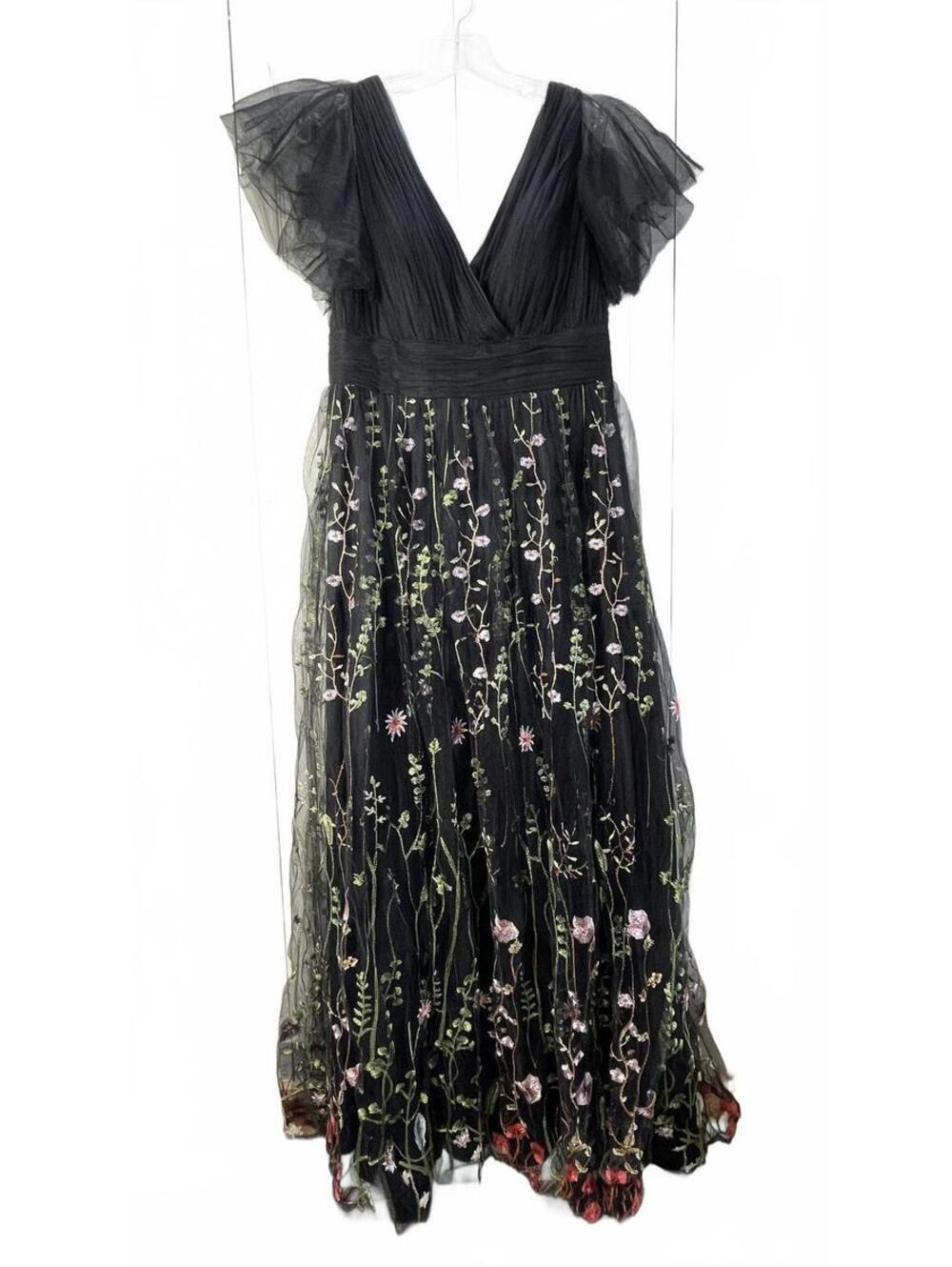 JJ's House Black Embroidered Floral Tulle Evening Dress with Ruffled Sleeves L - Picture 2 of 10